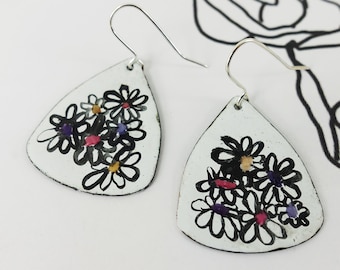 Teardrop Handmade Enamel on Copper Colourful Hand Drawn Pattern Dangle Earrings