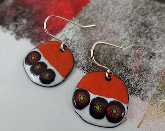 Handmade Copper Enamel Dangle Earrings: Millefiori Glass Accents