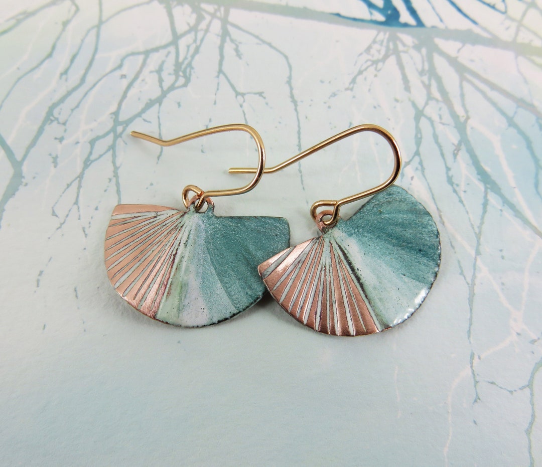 Copper Enamel Earrings Handmade Semi Circle Fan Style Textured Copper