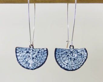 Semi Circle Copper Dangles with Blue and White Pattern Line Drawn Enamel on Long Silver Wires