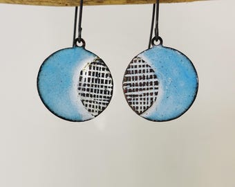 Handmade Copper Enamel Earrings: Round Textured Dangle Earrings