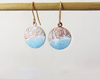 Copper Enamel Earrings Handmade Enamel and Textured Copper Dangle Earrings