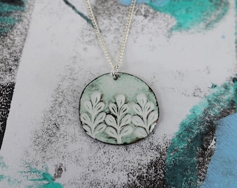 Handmade Enamel Three Leaf Pendant: Stamped Copper Disc Necklace