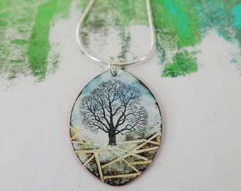 Enamel Pendant Handmade Landscape Pendant with Texture, Tree Design and Gold Shimmer