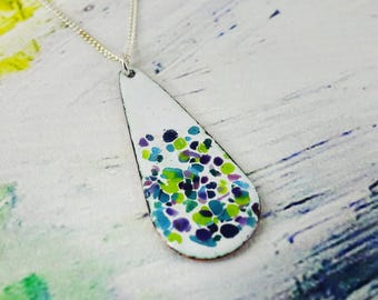 Handmade Copper Teardrop Pendant: White Enamel Glass Sprinkles