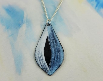 Round Copper Pendant in Black, Blue and White Enamel with Hand Painted Detail