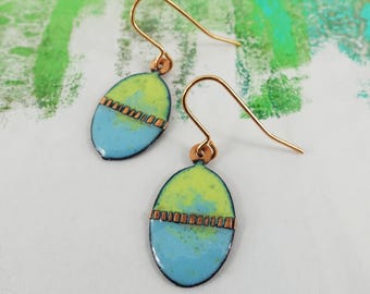 Oval Enamel Copper Earrings: Textured Strip, Rose Gold Wires