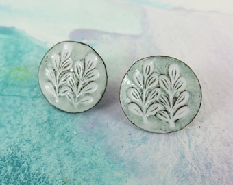 Copper Enamel Earrings Handmade Copper and Enamel Organic Textured Studs with Leaf Design