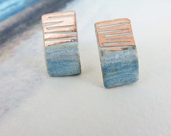 Copper Enamel Earrings Handmade Copper and enamel line textured rectangle studs