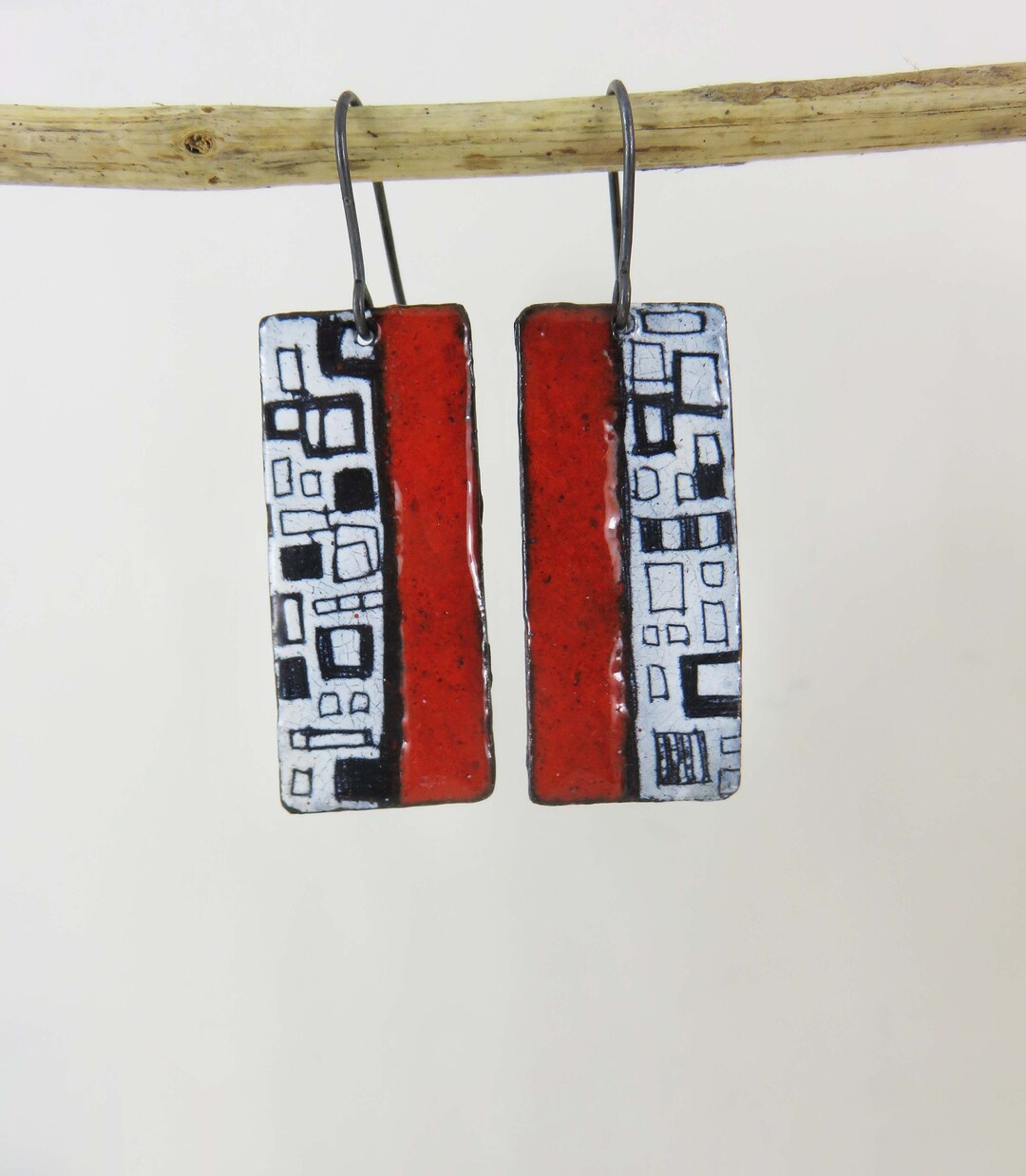 Copper Enamel Earrings Handmade Drop Dangle Earrings in Red, White and