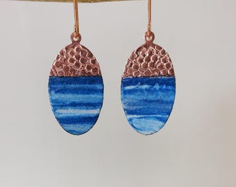 Handmade Copper Enamel Dangle Earrings: Textured Oval Design