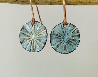Handmade Copper Enamel Earrings: Round Textured Dangle Earrings