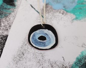 Round Copper Pendant in Black, Blue and White Enamel with Hand Painted Swirl