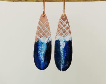 Enamel and Textured Rectangle Copper Dangle Drop Earrings