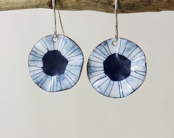Handmade Copper Enamel Earrings: Blue & White Patterned Discs