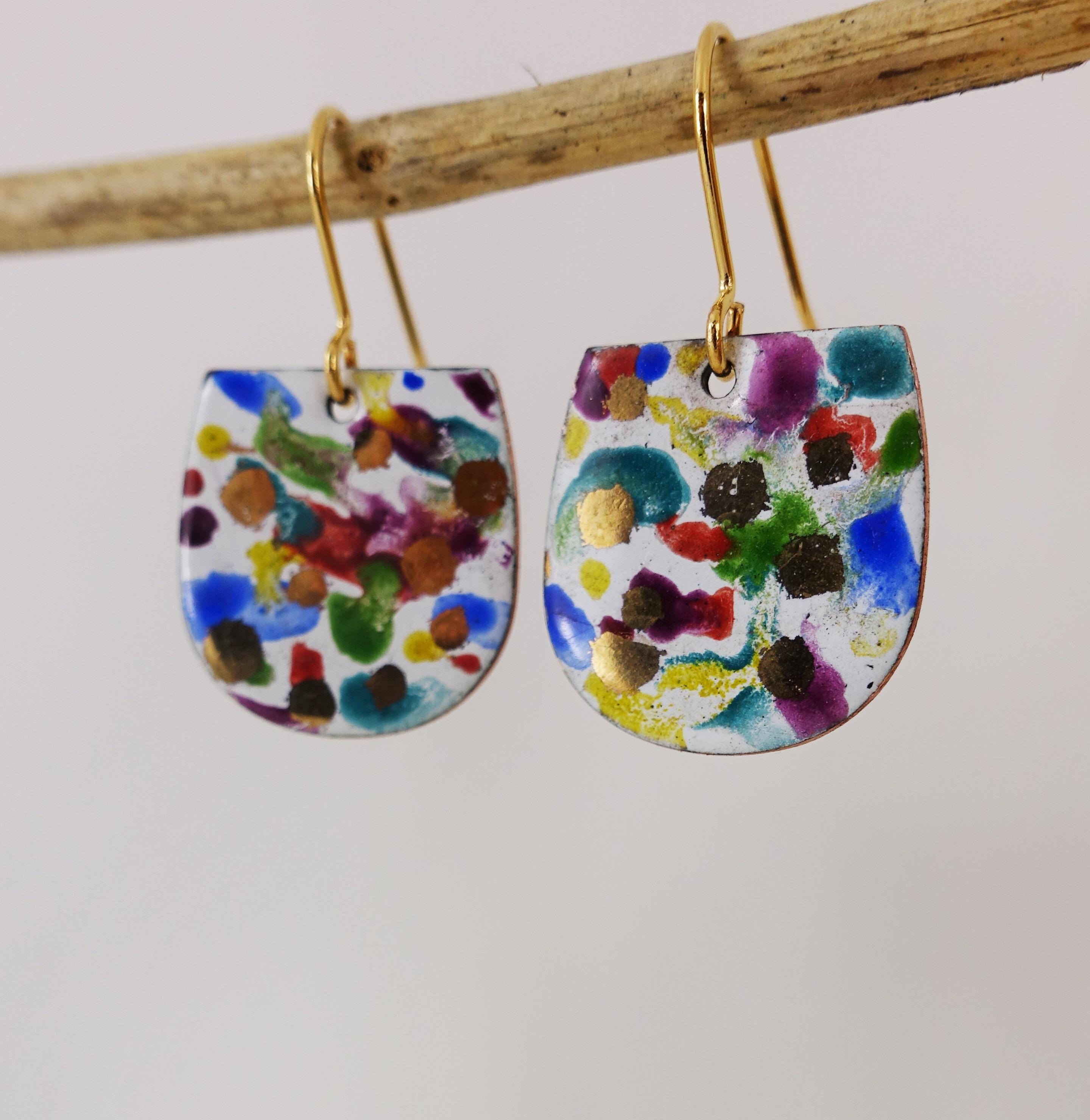 Boucles D'oreilles émaillées Jaune Cuivré Créateur - Occasion, Très Bon état