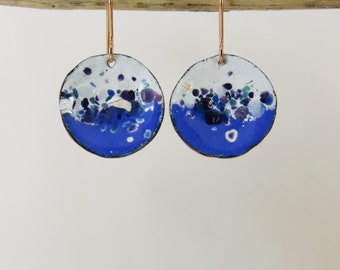 Copper Enamel Earrings Handmade Unique Enamel on Copper Textured Dangle Earrings in Blue and White with Colourful Glass Sprinkles