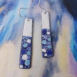 Handmade Copper Enamel Dangle Earrings: Blue Pebble Pattern