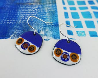 Handmade Copper Enamel Dangle Earrings: Millefiori Glass Accents