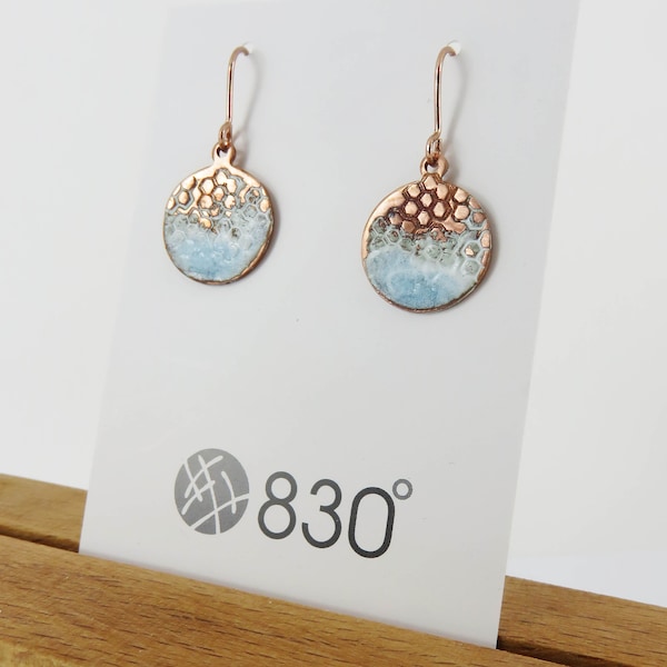 Handmade Copper Enamel Dangle Earrings: Textured Lacy Design