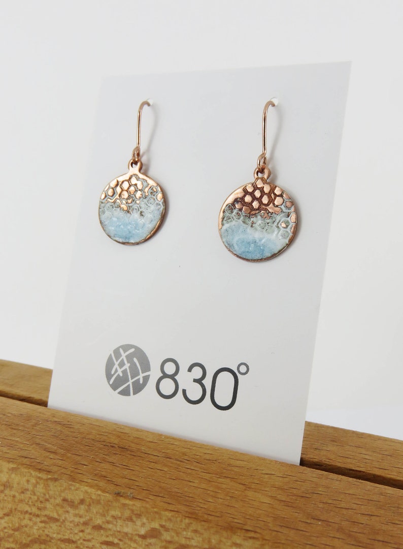 handmade light blue and white enamel on copper textured dangle earrings