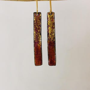 Handmade Copper Enamel Dangle Earrings: Gold Foil, Red & Orange