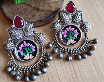 Black Oxidized German Silver Stud Brass earrings | Dangle drop Ghungroo Hand painted Indian Jhumki Partywear Earring ethnic jewelry