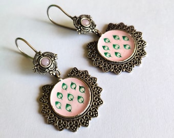 Oxidized German Silver Brass hoop earrings | Dangle drop Pink Peach Hand painted Indian Jhumki Partywear Earring ethnic jewelry