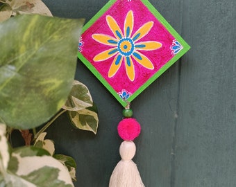 Handmade boho green and pink mini wall and car hanging painting