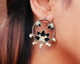 Black Lotus Silver Lookalike Earrings, Indian Hoop silver stud earrings, oxidized silver jhumka, Enamel Meenakari Festive wear earrings