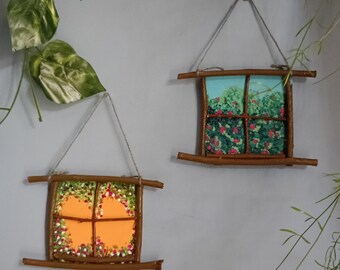 Pair of handmade fairy windows wall hanging living room decor mini room bedroom painting wooden handcrafted tree twigs