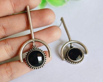 Boho style Silver Arc Earrings | Black White Turquoise | Dangle Earrings | Birthstone Jewelry | Stud Earrings