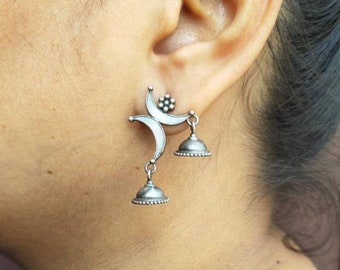 Moon Silver Oxidized Stud Dangle Drop Small Jhumka Jhumki Earrings for Women and Girls Indian Metal Dailywear Ethnic Earrings Black Earrings