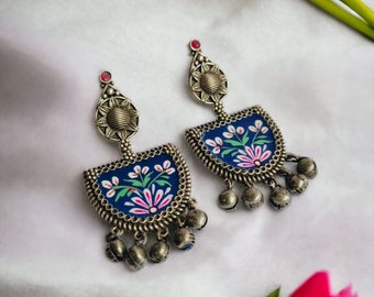 Oxidized German Silver Studs | Dangle drop jhumka Blue Red Green Pink Peach Hand painted Indian Jhumki Partywear Earring ethnic jewelry