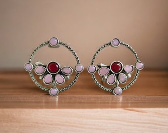 Antique Stud Earrings | Kundan Stone Oxidized German Silver Earring | Pink Red Light Daily Wear Ethnic Boho Tribal Jewelry For Women USA