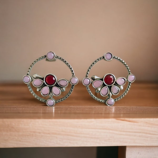 Antique Stud Earrings | Kundan Stone Oxidized German Silver Earring | Pink Red Light Daily Wear Ethnic Boho Tribal Jewelry For Women USA