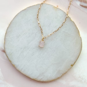 Dainty Rose Quartz Rectangle Pendant Necklace | dainty necklace, minimal necklace, gold chain, paperclip chain, stacking necklace