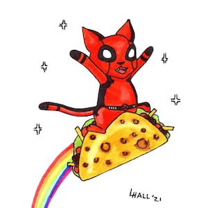 Deadpool Kitty on a Taco Rainbow - Mashup - Ink and Watercolor Markers - Fan Art - Original Art