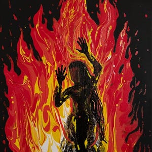 May include: A black silhouette of a person with arms raised, engulfed in flames. The flames are a mix of red, yellow, and white, creating a dynamic and abstract background.