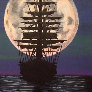 Boat with Full Moon - Acrylic Painting - Sailing - Night - Seascape - Poster Print