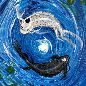 May include: A painting of two koi fish swimming in a swirling blue and white water pattern. The fish are black and white, and the water is a swirling blue and white pattern. The painting is signed "HALL '25" in the bottom right corner.