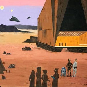 May include: A desert landscape with a large, brown, rectangular vehicle.  There are several figures in the foreground, including a robot and a group of people wearing hooded robes.  The sky is pink and purple with two small, white suns.