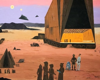 Krajobraz Tatooine - Fan Art - Malarstwo akrylowe - Wydruk plakatu