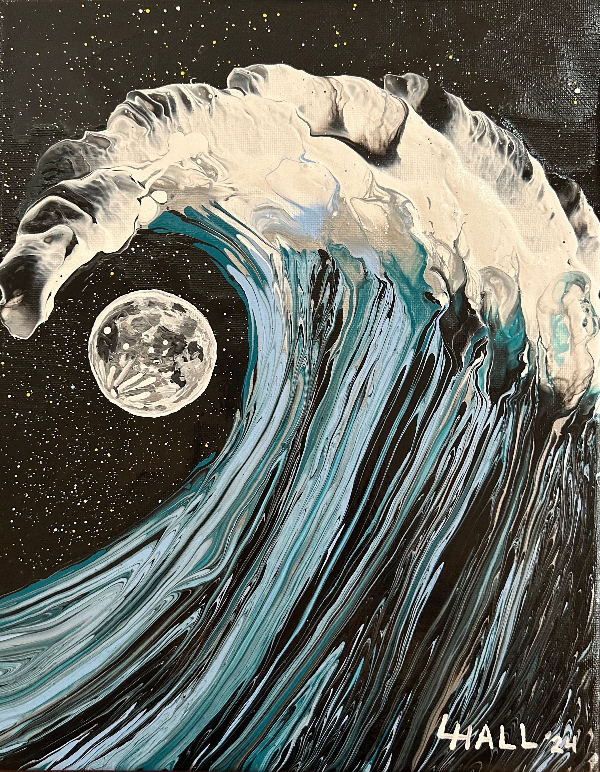 Wave With Full Moon - Flow Art - Liquid Pour - Original Art - Etsy