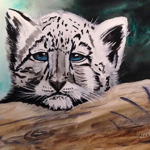 Baby Snow Leopard - Watercolor Painting - Wild Cat - Animal Portrait - Nature - Poster Print
