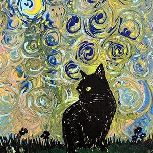 Sternenklare Nacht mit schwarzer Katze - Acrylfarbe - Poster Print oder Sticker Print