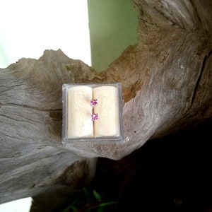 May include: A pair of small, pink gemstone earrings in a clear plastic box. The earrings are set in silver.