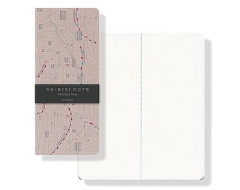 May include: A closed notebook with a weather map on the front cover. The cover is a light brown color with a dark brown border. The map is a stylized representation of a weather map with red and blue lines and symbols. The text "RO-BIKI NOTE" and "Weather Map" is printed on the cover.