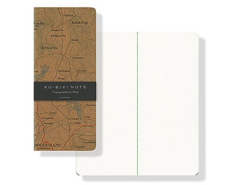 May include: A brown and tan notebook with a topographical map on the front cover. The cover has the text "RO-BIKI NOTE Topographical Map" printed on it. The notebook has a white interior with a green line down the center.