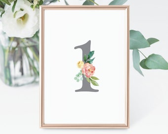 Printable Table Numbers 1 - 15, Printable Wedding Table Numbers, Number with flower, Party Deco, Decor with watercolour flower #021